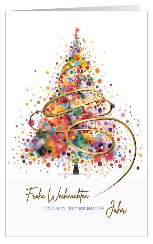 Moderne Weihnachtskarte "Farbenfrohe Weihnacht" mit buntem Weihnachtsbaum und weihnachtlichen Grüßen