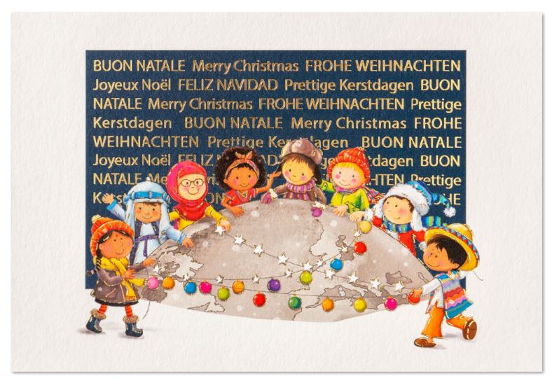 Spendenweihnachtskarte "Kinder der Welt" mit internationalen Grüßen und gutem Zweck: Deutsche Kinderkrebs-Hilfe