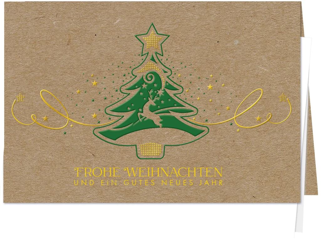 Braune Weihnachtskarte "Majestätische Festtage" mit Foliendruck in Gold und Grün inkl. Falteinlegeblatt innen