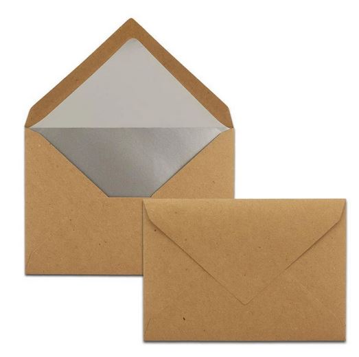 Briefumschlag DIN C6, 16,2 x 11,4 cm, nassklebend, 120g, naturbraun aus Kraftpapier mit silbernem Innenfutter