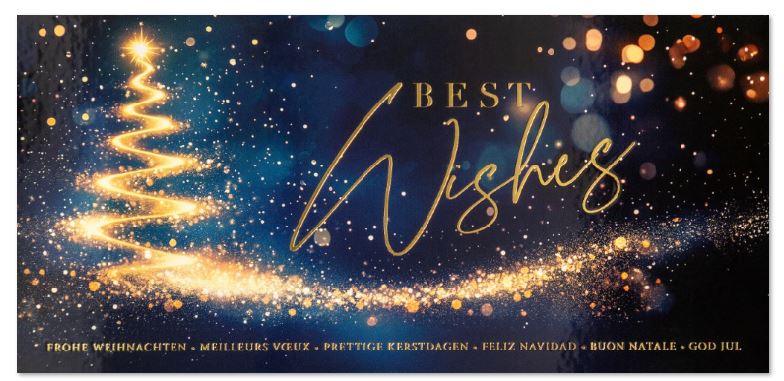 Stimmungsvolle Weihnachtskarte "Magische Lichter" DIN lang mit internationalen Weihnachtsgrüßen 