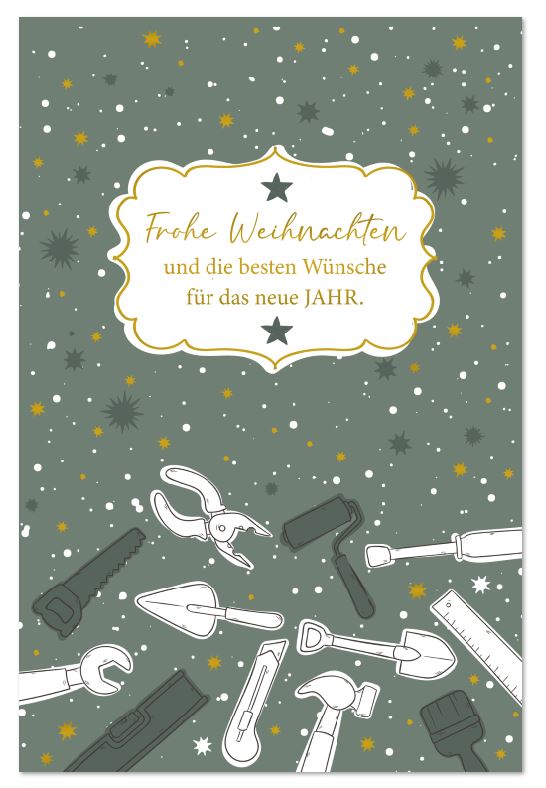 Handwerker-Weihnachtskarte in grün mit Weihnachtsgruß, Sternen und allerlei Werkzeug