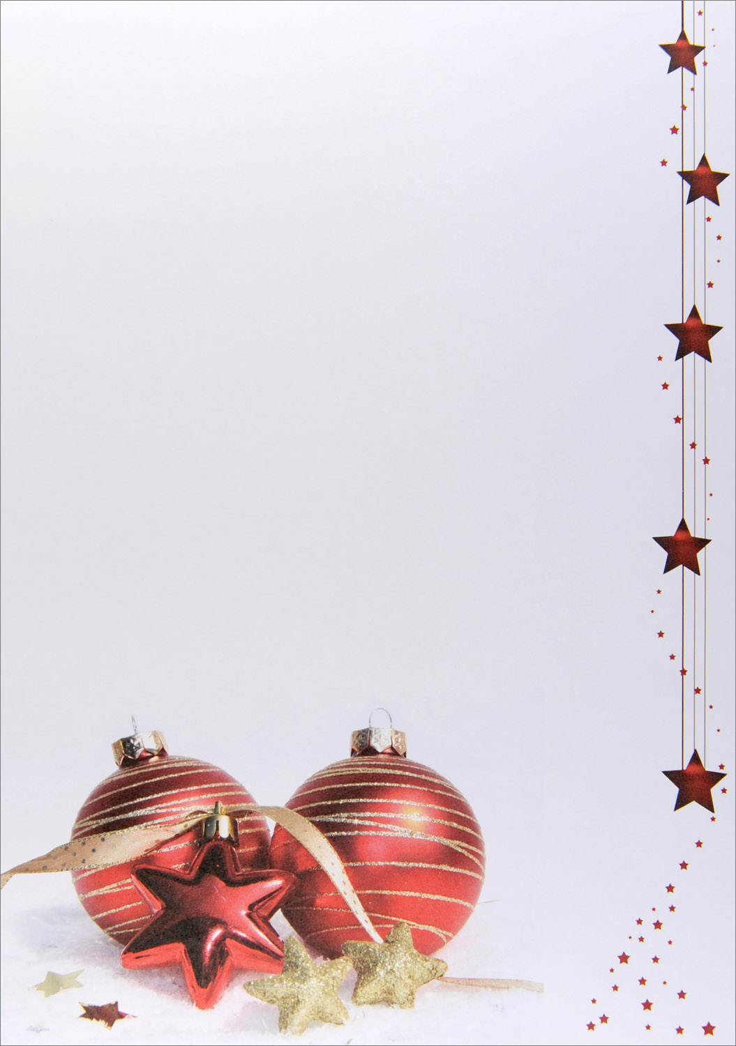 Weihnachtsbrief mit rot-goldenen Weihnachtskugeln und Sternen