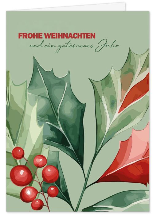 Florale Weihnachtskarte in Salbeigrün mit Stechpalmen-Blättern, roten Beeren und Weihnachtsgruß
