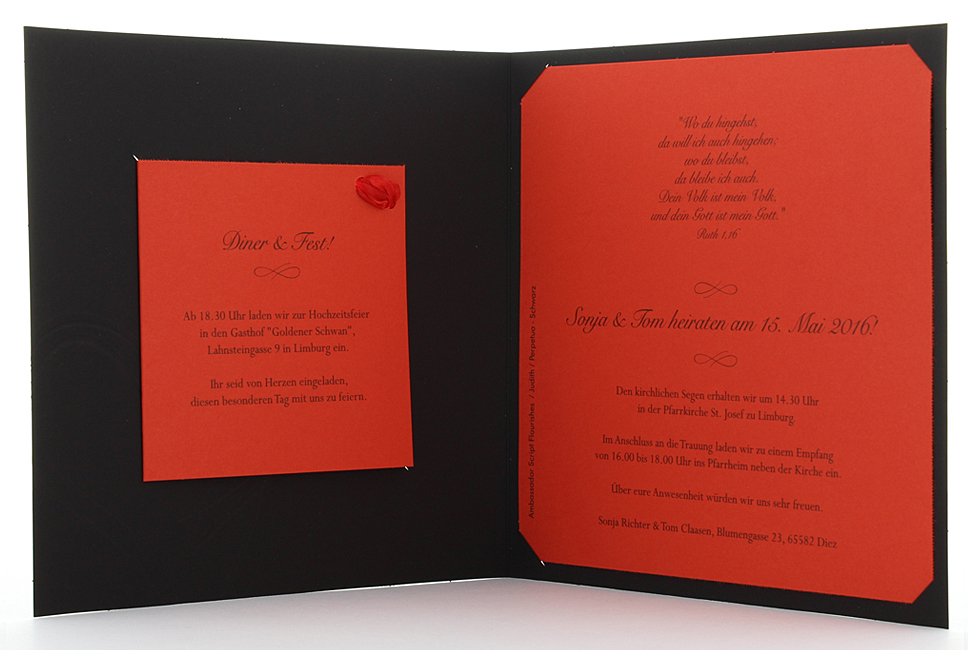 Hochzeitskarte schwarz - rot mit Reliefherzen und Glanzlack