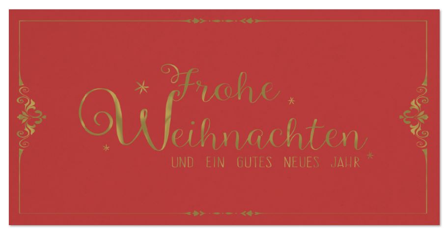 Klassische Weihnachtskarte in rot mit ornamentverziertem Goldrahmen und Weihnachtsgruß, DIN lang