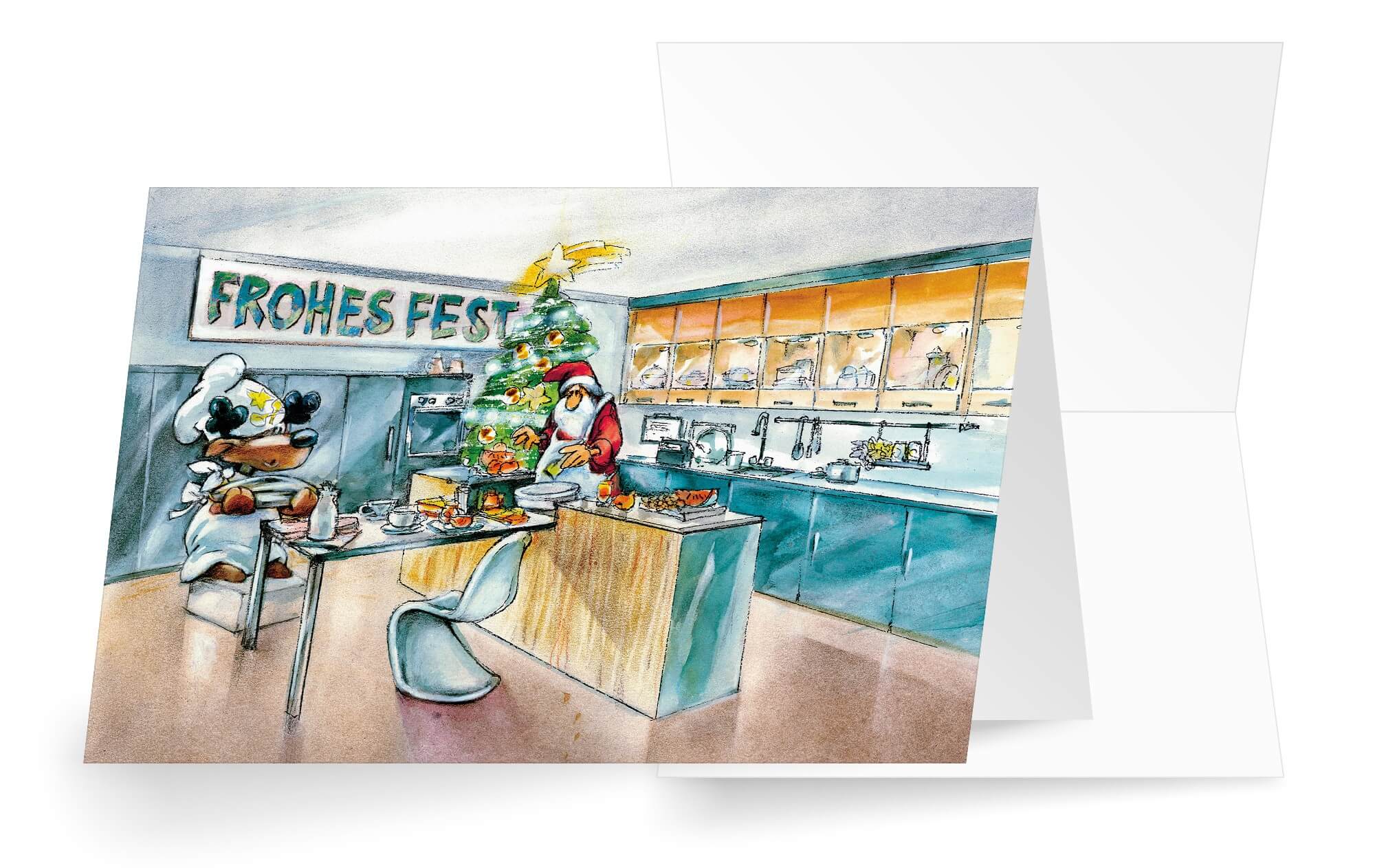 Fröhliche Branchenweihnachtskarte für Küchenhaus und Möbelhaus mit Weihnachtsgruß