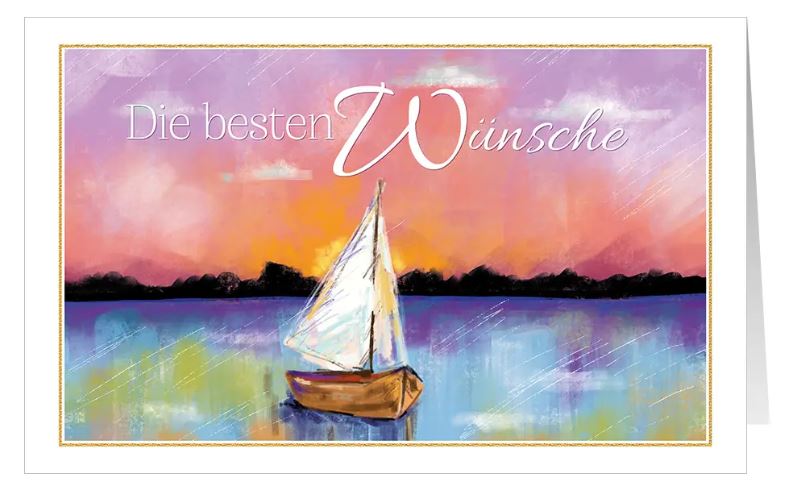 Stimmungsvolle Glückwunschkarte im bunten Aquarelldruck mit einem Segelboot im Sonnenuntergang