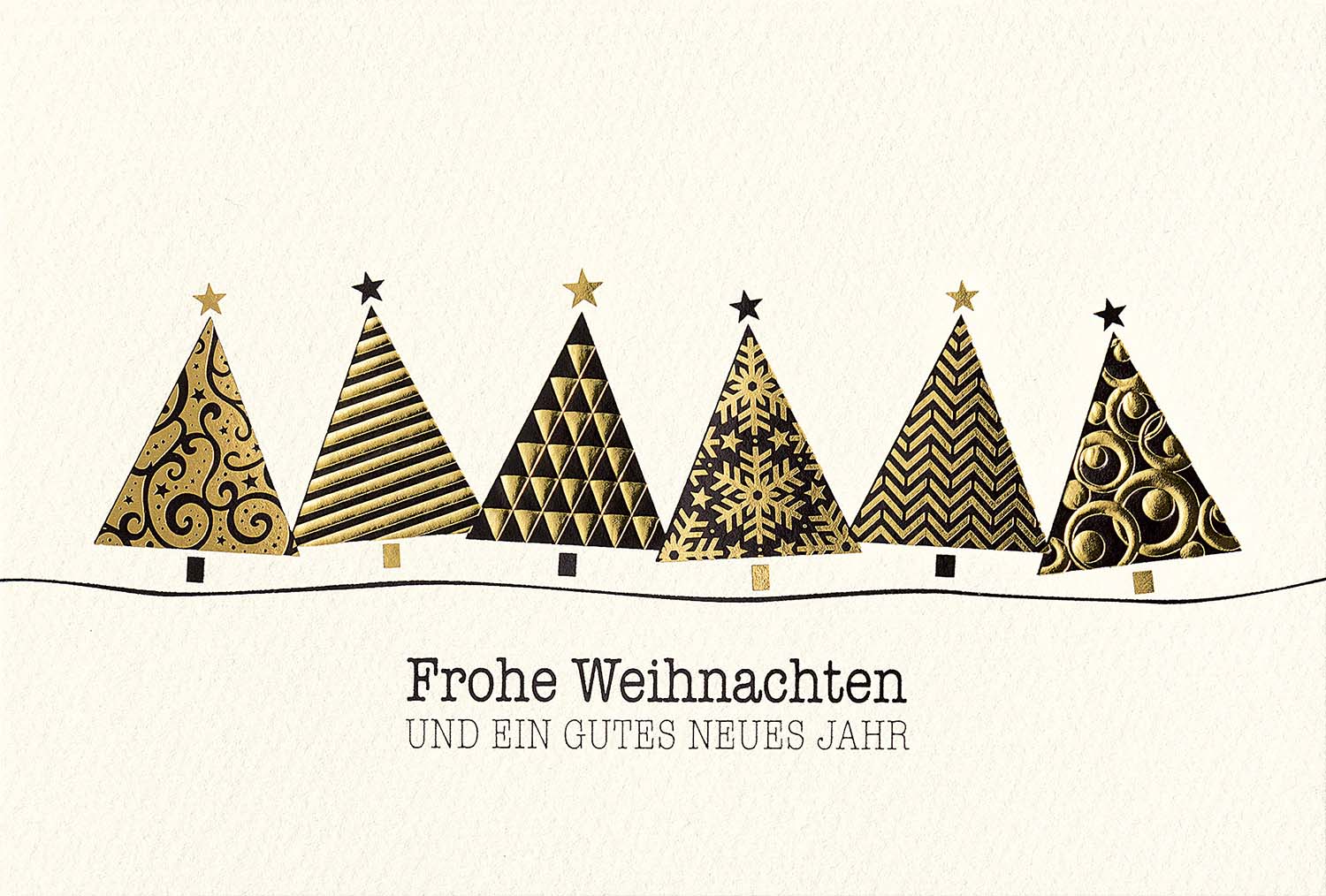 Weihnachtskarte mit modernen Weihnachtsbäumen in schwaz / gold