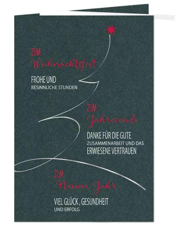 Firmenweihnachtskarte in dunkelgrün "Dank & Wünsche" mit Rot- und Silberfolienprägung, inkl. Einlegeblatt innen