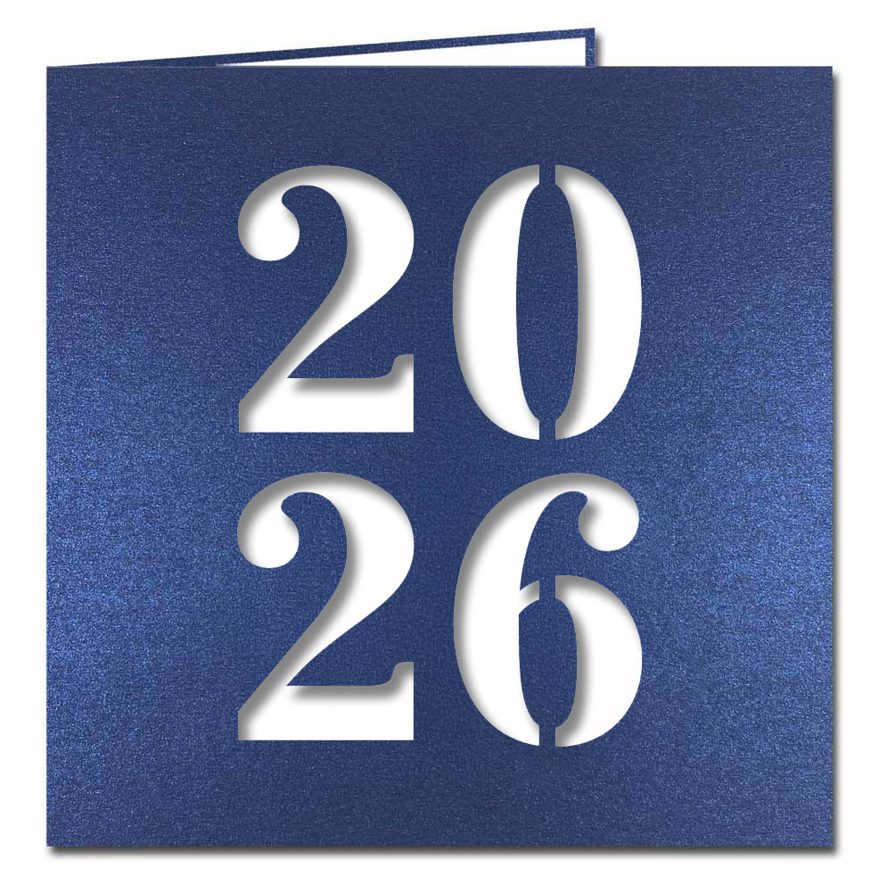 Neujahrskarte dunkelblau Metallic mit Laserstanzung 2026 und weißem Einlegeblatt