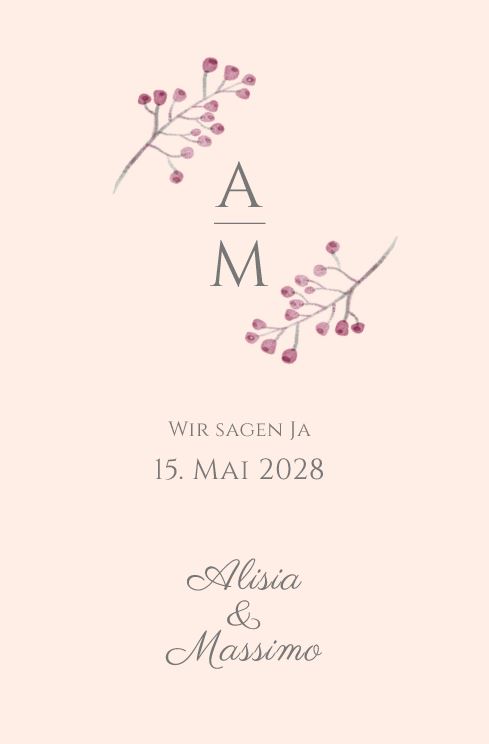 Romantische Hochzeitseinladungskarte mit Beerenzweigen als Klappkarte mit individueller Gestaltung 