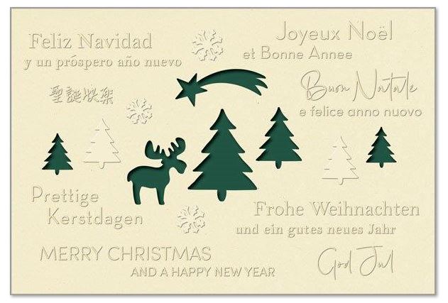 Hellbeige Weihnachtskarte "Elchgruß" mit Formstanzung und fühlbarer Blindprägung, mehrsprachig, Einleger dunkelgrün