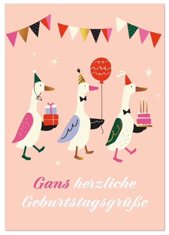 Lustige Geburtstagsgrußkarte "Schnabel-Spaß" mit putzigen Gänsen und Geburtstagsglückwünschen 