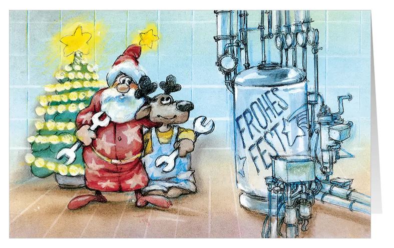 Humorvolle Branchen-Weihnachtskarte "Warmes Zuhause" für den Heizungsbau mit Weihnachtsmann und Rentier bei der Montage einer Heizungsanlage