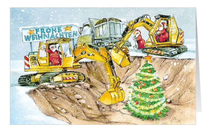 Lustige Weihnachtskarte "Bagger-Bescherung" für Tiefbauunternehmen, Erdbau, Kanalbau, Baufirmen mit Weihnachtsgruß