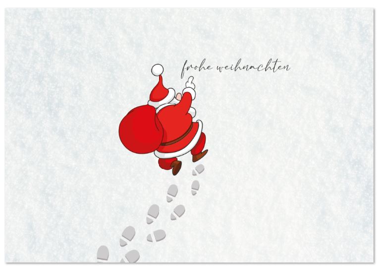 Humorvolle Weihnachtskarte "Santa`s Spuren" mit Weihnachtsgruß und Weihnachtsmann mit rotem Geschenkesack