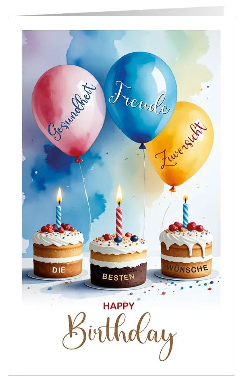 Farbenfrohe Glückwunschkarte "Sweet Celebration" mit Luftballons und leckeren Törtchen