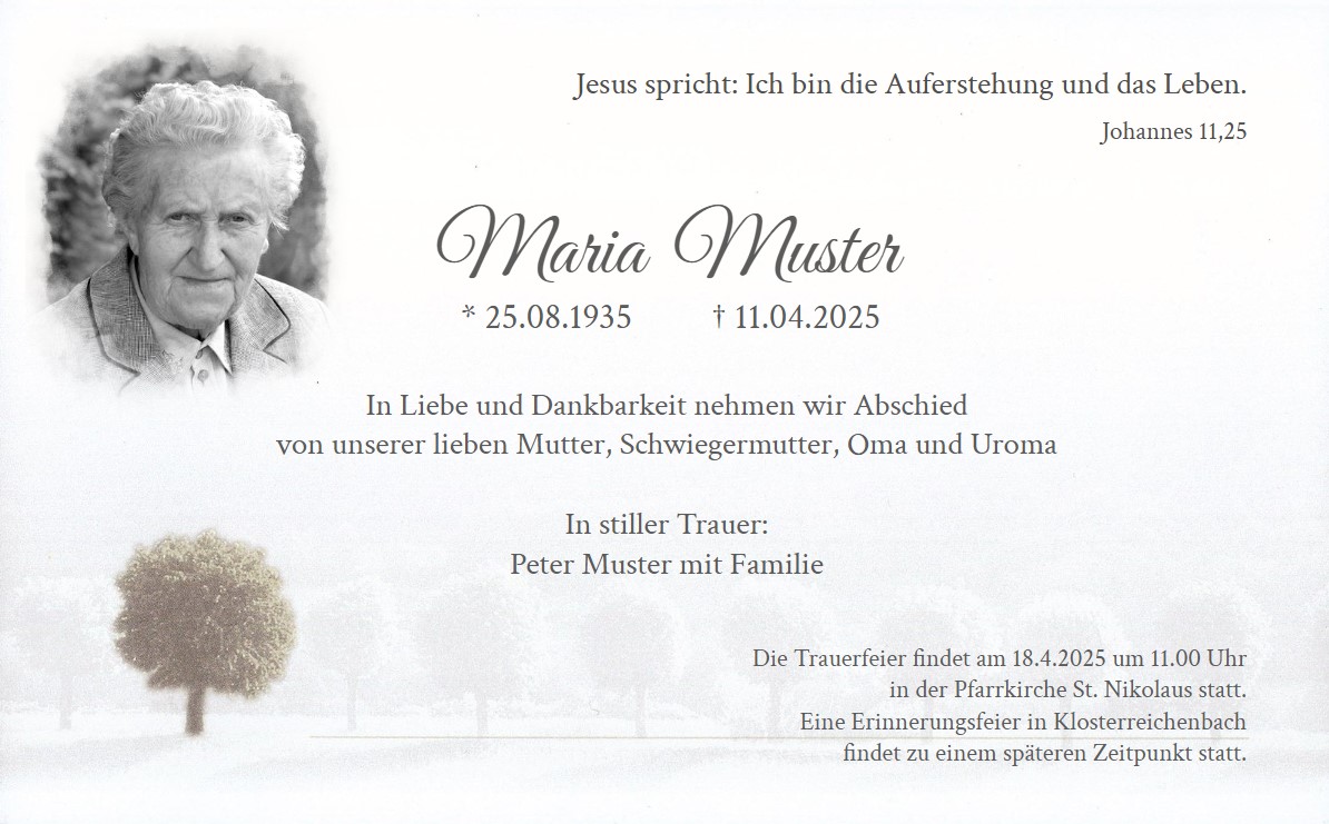 Einseitige Traueranzeigekarte aus hochwertigem, cremeweißem Designkarton mit stilvollem Motivdruck. Der untere Bereich der Vorderseite ist im Hintergrund mit einer Allee aus abgetönten Bäumen bedruckt. Ein einzelner, großer Baum sticht ins Auge.
