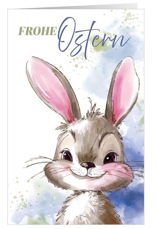 Niedliche Osterkarte "Stupsnasen-Glück" mit Hasenportrait und Grußbotschaft Frohe Ostern