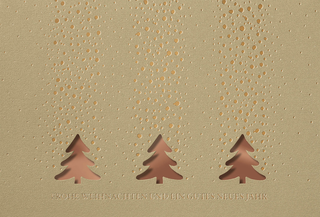 Weihnachtskarte altgold metallic mit Folienprägung Schnee Bäume