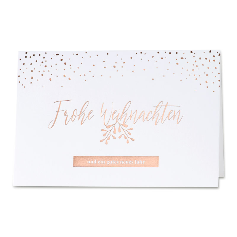 Cremefarbene Weihnachtskarte mit rosegoldenem Prägedruck von Mistelzweig, Gruß und Punkten