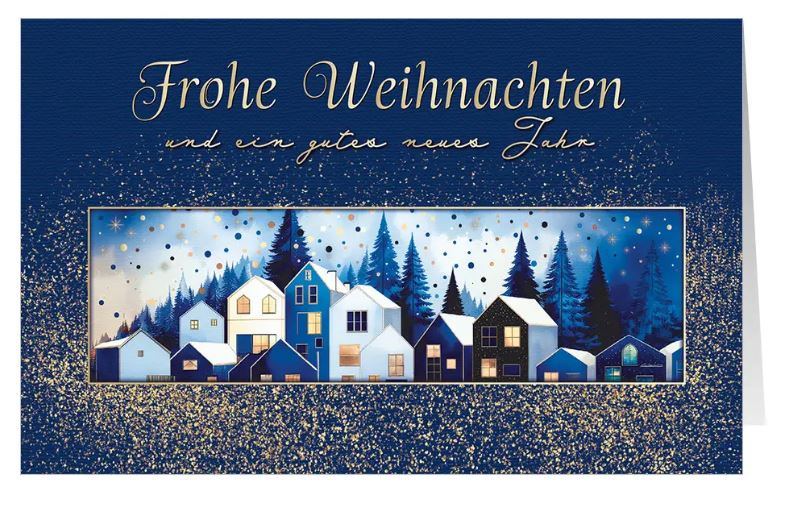 Weihnachtskarte "Leuchtende Häuser" in Blau mit Weihnachts- und Neujahrsgruß im festlichen Design