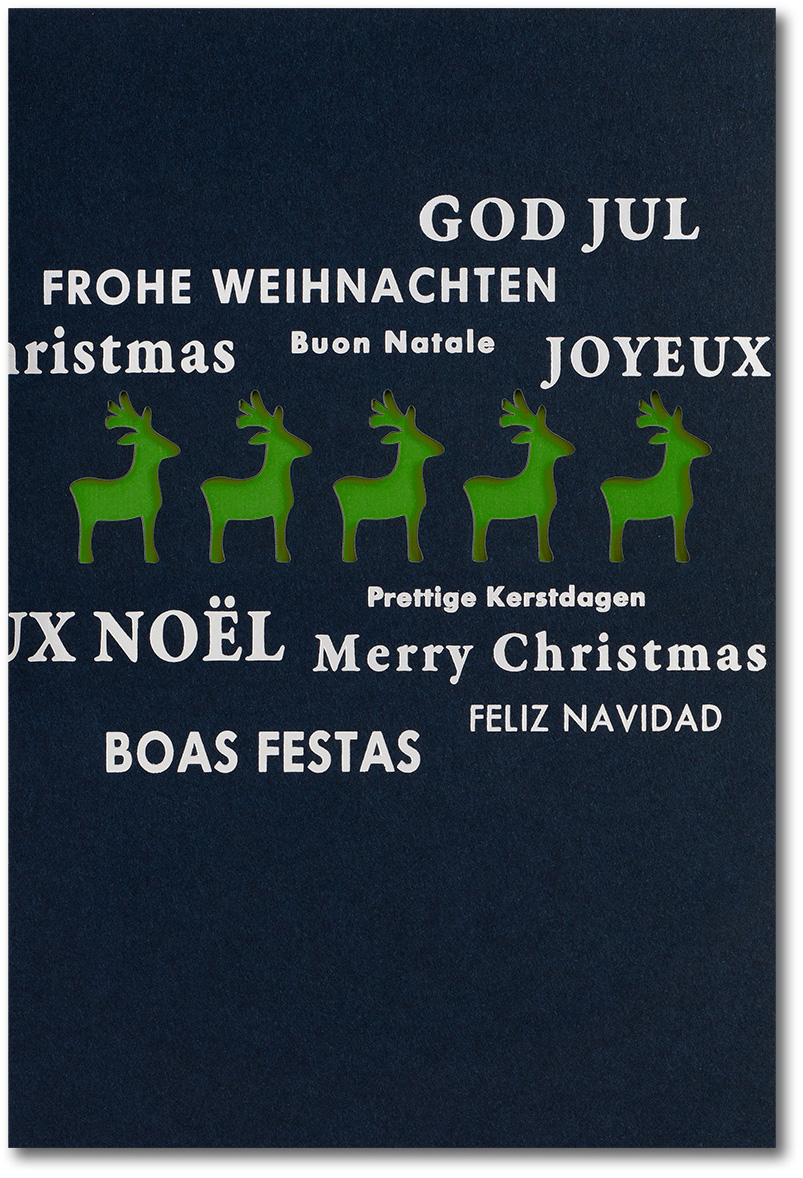 Weihnachtskarte nachtblau mit Rentieren und Wünschen - dunkelgrün