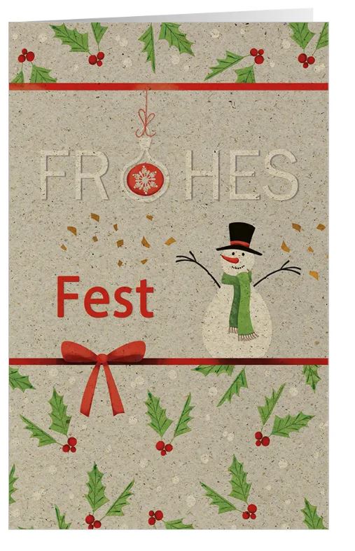 Grusskarte aus nachhaltigem Graspapierkarton "Winterlicher Freund" mit lustigem Schneemann und FROHES FEST