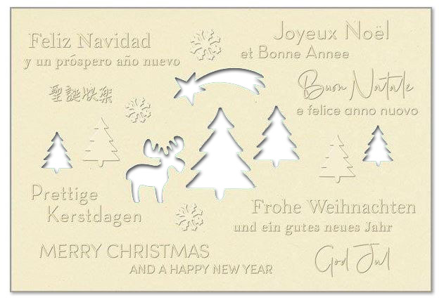 Hellbeige Weihnachtskarte "Elchgruß" mit Formstanzung und fühlbarer Blindprägung, mehrsprachig, Einleger weiß