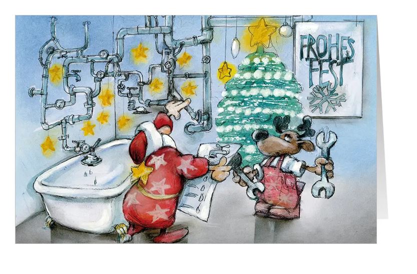 Weihnachtskarte "Meister am Rohr" für Installateure und Klempner, Santitär- und Heizung, Anlagenmechaniker SHK