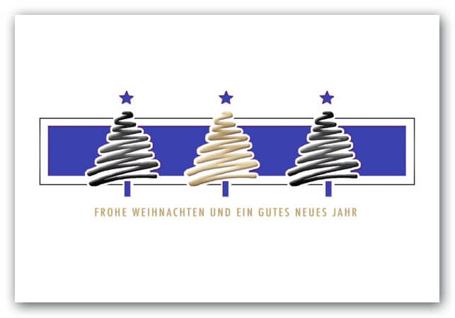Moderne Weihnachtskarte mit Tannenbäumen und Falteinleger in blau