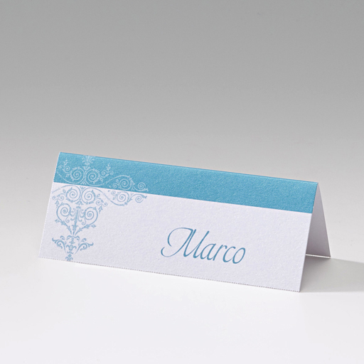 Tischkarte weiß metallic azurblau Ornament ba723798