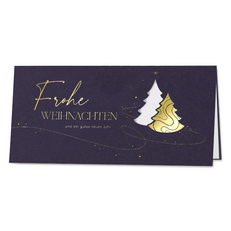 Elegante Weihnachtskarte "Winterwald" mit Stanzung und Goldfolienprägung, inkl. Falteinleger innen