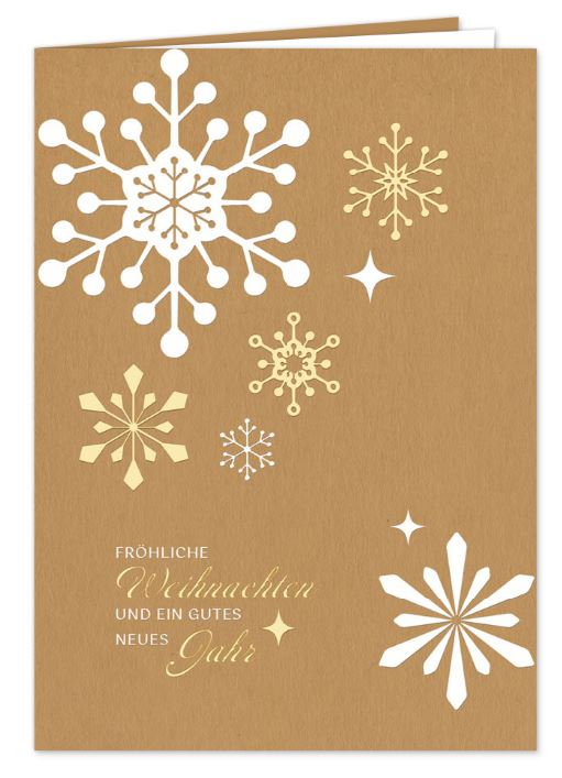 Weihnachtskarte aus naturbraunem Kraftkarton "Schneeflocken" mit Prägung in gold und weiß, inkl. Einlegeblatt