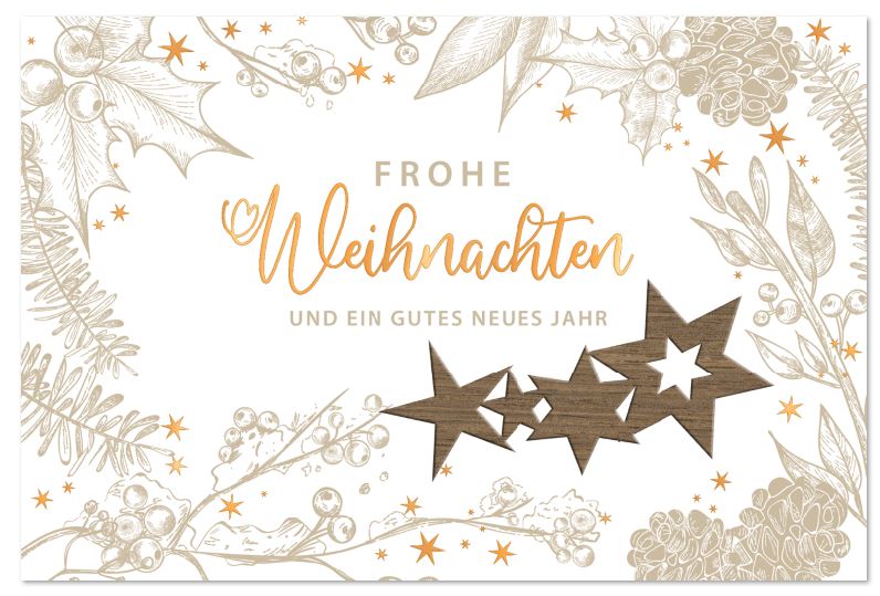 Weihnachtskarte mit Echtholz-Sternen, floral bedrucktem Rahmen und Goldfolienprägung, inkl. Einlegeblatt