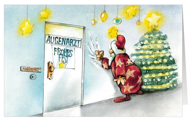 Lustige Branchenkarte "Verkannter Eingang" mit dem Weihnachtsmann beim Augenarzt und Gruß "Frohes Fest"