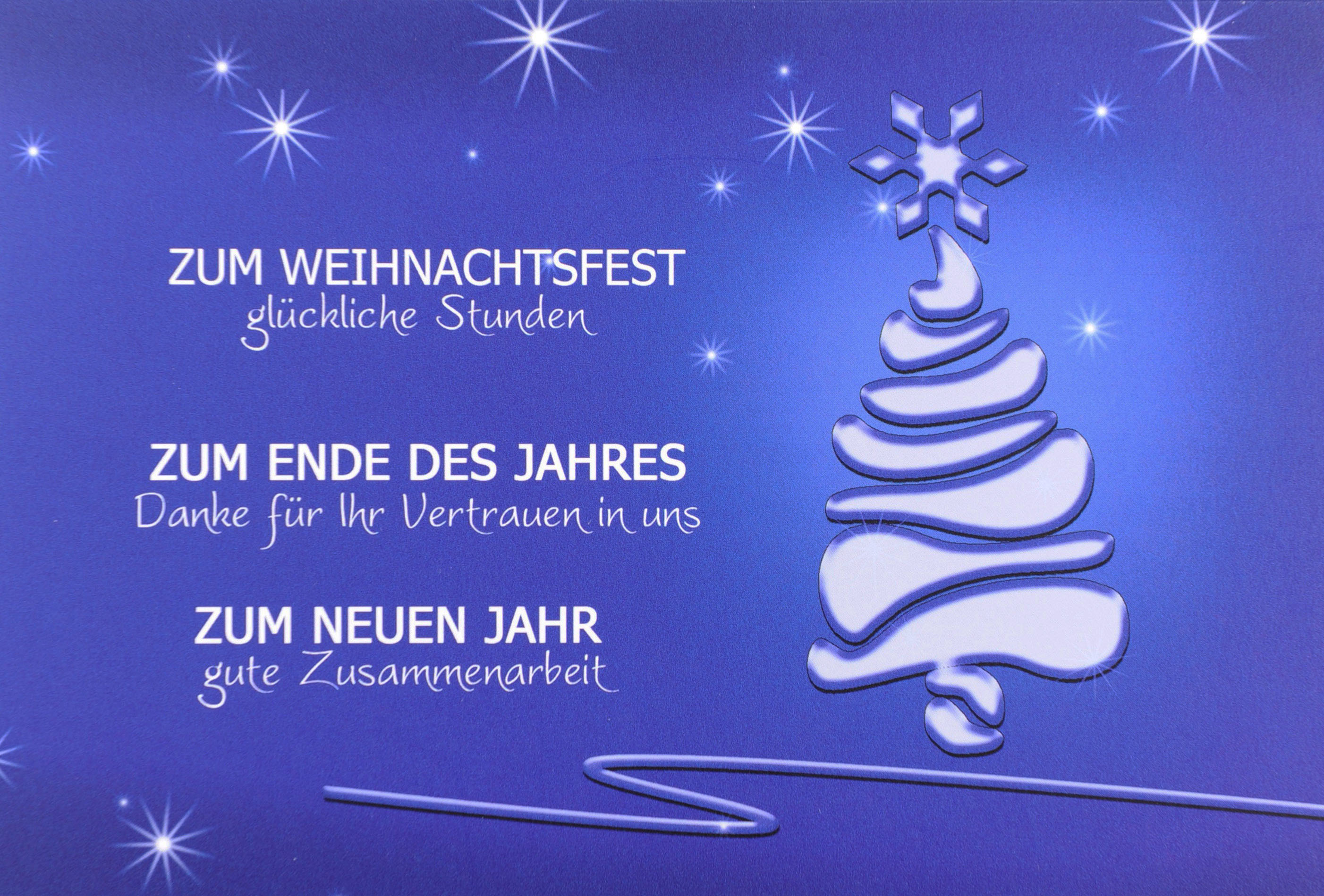 Weihnachtskarte mit geschäftlichem Text mit Sternen und Weihnachtsbaum blau weiß