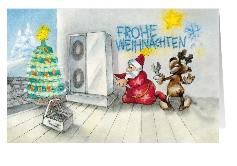 Humorvolle Weihnachtskarte "Die warme Botschaft" für Wärmepumpen-Hersteller, Heizungsbau, Installateure
