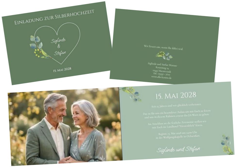 Einladungskarte zur Silberhochzeit "Eukalyptus-Traum" mit eigenem Foto und individuellem Text