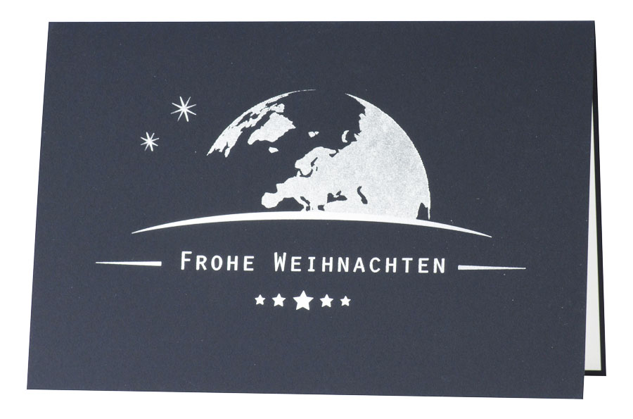Weihnachtskarte nachtblau Frohe Weihnachten mit Weltkugel und Sternen