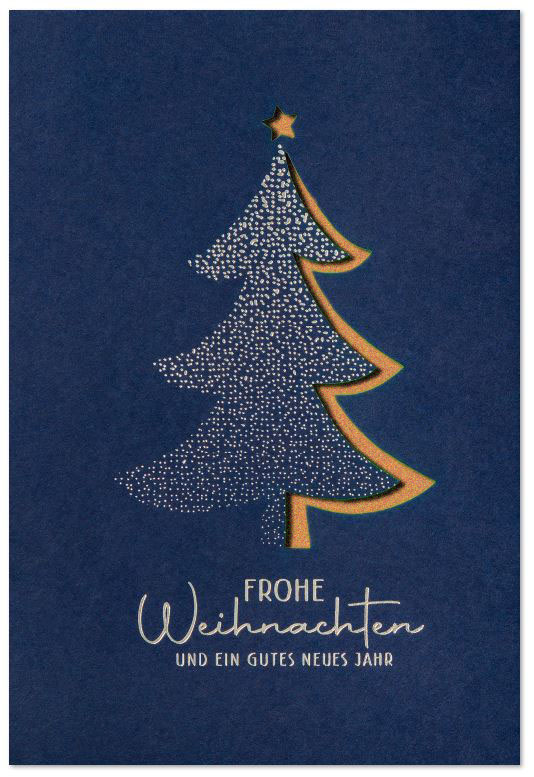 Blaue Weihnachtskarte "Tannenglück" mit Silberfolienprägung und Laserstanzung, Einleger kupfer