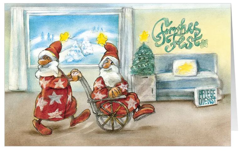 Branchenkarte "Liebevolle Fürsorge" mit Weihnachtsgruß im humorvollen Design passend für Pflegedienste und Betreuung