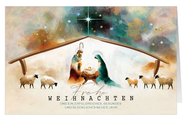 Religiöse Firmen-Weihnachtskarte "Leuchtender Stern" mit Darstellung der Krippenszene in sanften Erdtönen