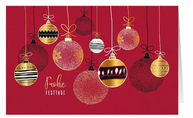 Rote Weihnachtskarte "Stimmungsvolle Grüße" mit hängenden Weihnachtskugeln und FROHE FESTTAGE