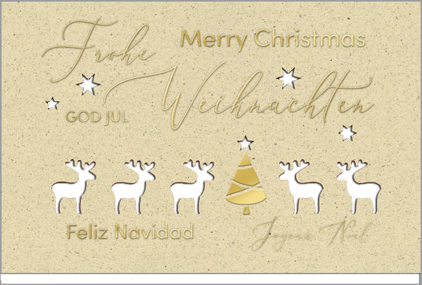 Internationale Stanz-Weihnachtskarte mit weißem Einlegeblatt und edler Goldprägung