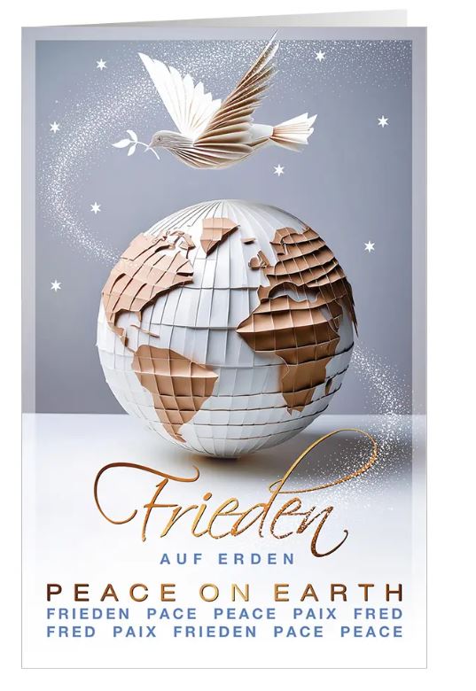 Friedenskarte "Peace on Earth" mit internationaler Friedensbotschaft, weißer Taube und Weltkugel