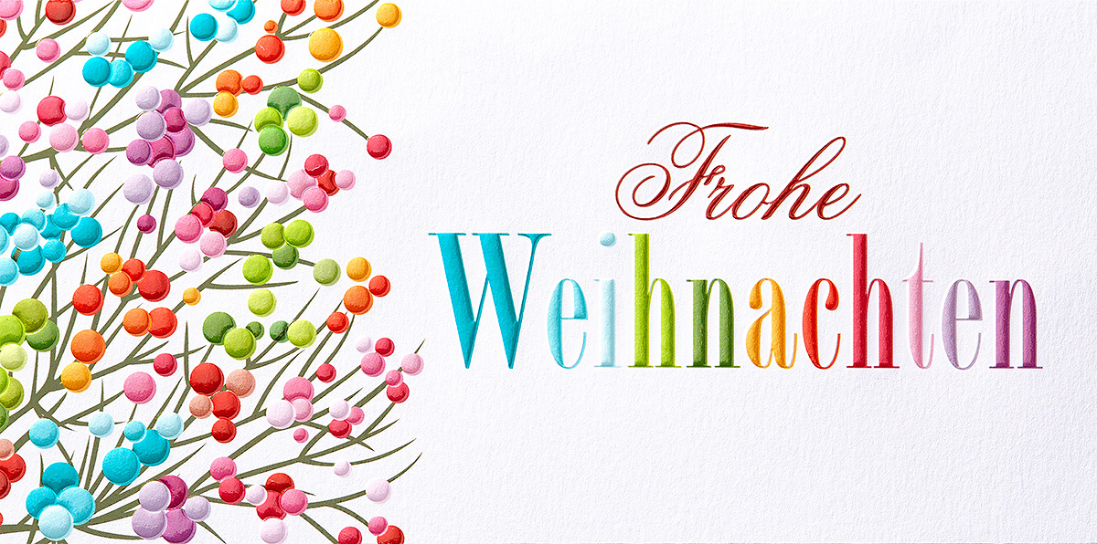 Weihnachtskarte weiß mit farbenfroher Schrift Frohe Weihnachten