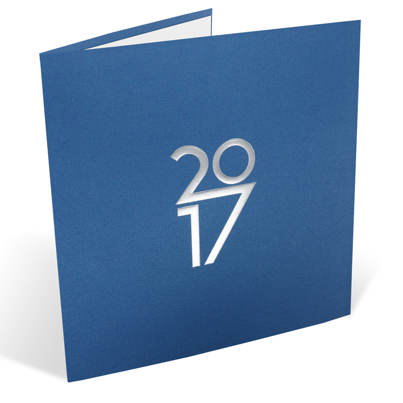 Neujahrskarte quadratisch mit silberner Jahreszahl 2017 blau metallic