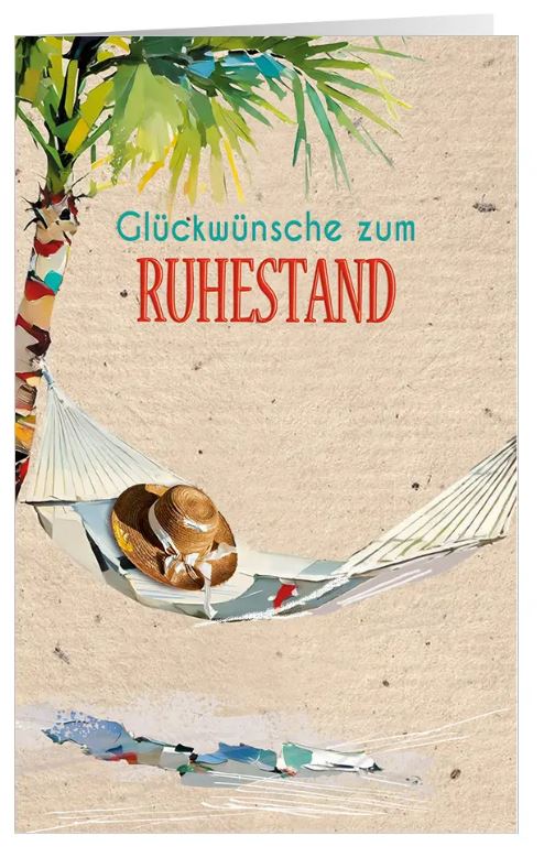 Glückwunschkarte zum Ruhestand "Endlich Rente" mit Hängematte und Sonnenhut unter der Palme